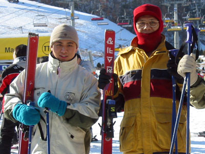 With father skiing in Korea